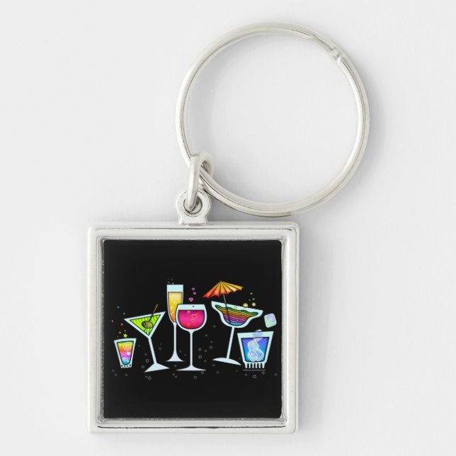 Cocktailglas metallnyckelring fyrkantig silverfärgad nyckelring (Framsidan)