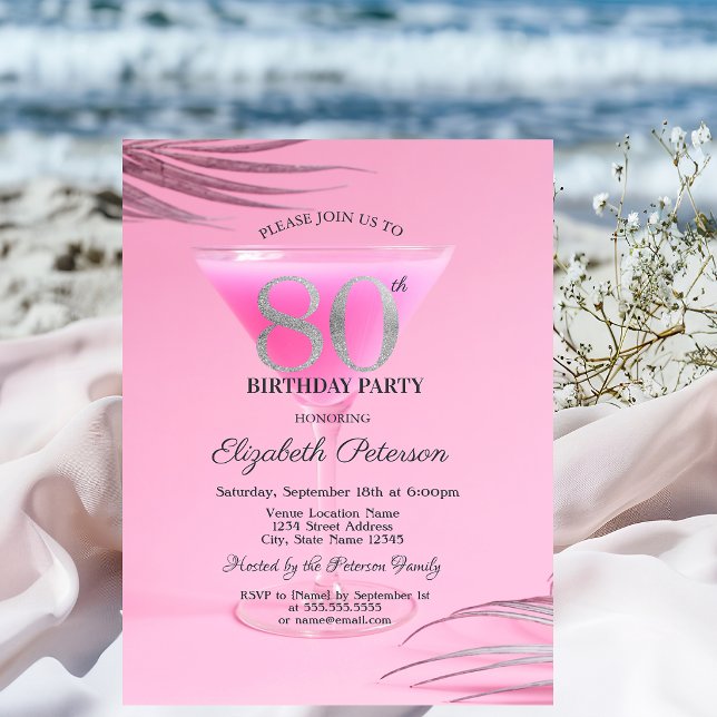 Cocktailglas Rosa 80-årsfirande   Inbjudningar (Skapare uppladdad)