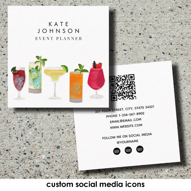 Cocktails Bartender Event Planner QR-kod Fyrkantigt Visitkort (Cocktails Bartender Event Planner QR Code Square Business Card)