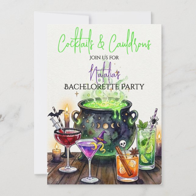 Cocktails & Cauldrons Halloween Bachelorette Party Inbjudningar (Framsida)