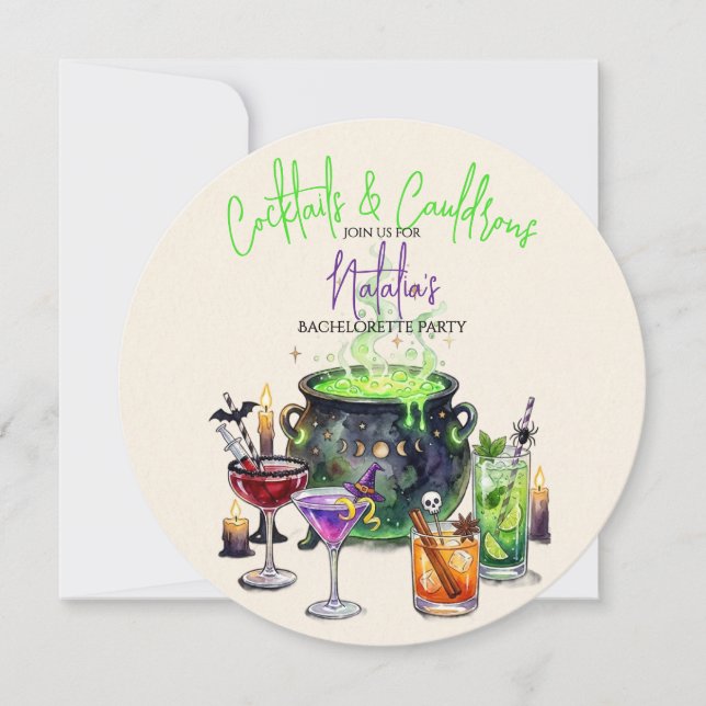 Cocktails & Cauldrons Sängkammarinbjudan Tack Kort (Framsida)