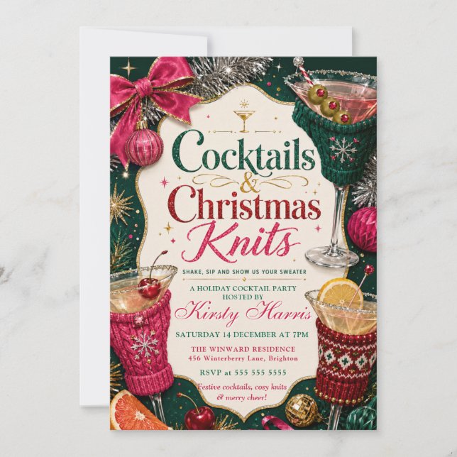 Cocktails & Christmas Stickade Julfest Inbjudningar (Framsida)