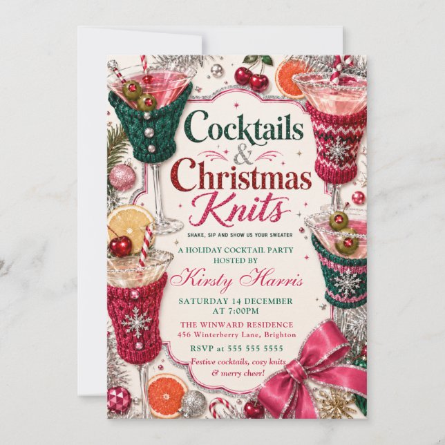 Cocktails & Christmas Stickade Julfest Inbjudningar (Framsida)