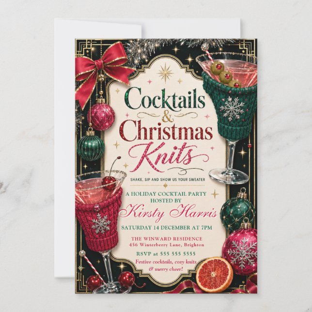 Cocktails & Christmas-stickade Julfest Inbjudningar (Framsida)
