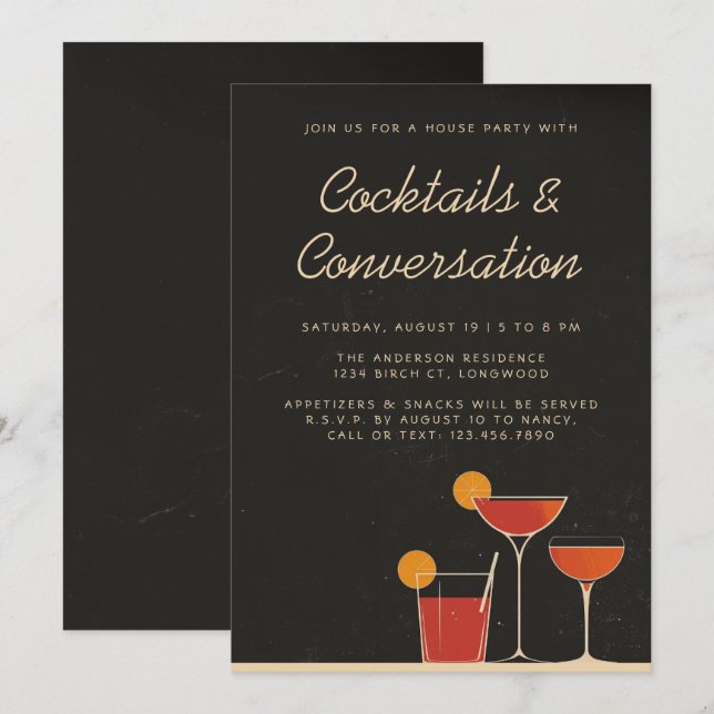 Cocktails & Conversation Retro Drinks House Party Inbjudningar (Fram/baksida)