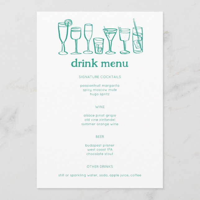 Cocktails Doodle Sketch Modern ANPASSNINGSBAR Drin Meny (Framsida)