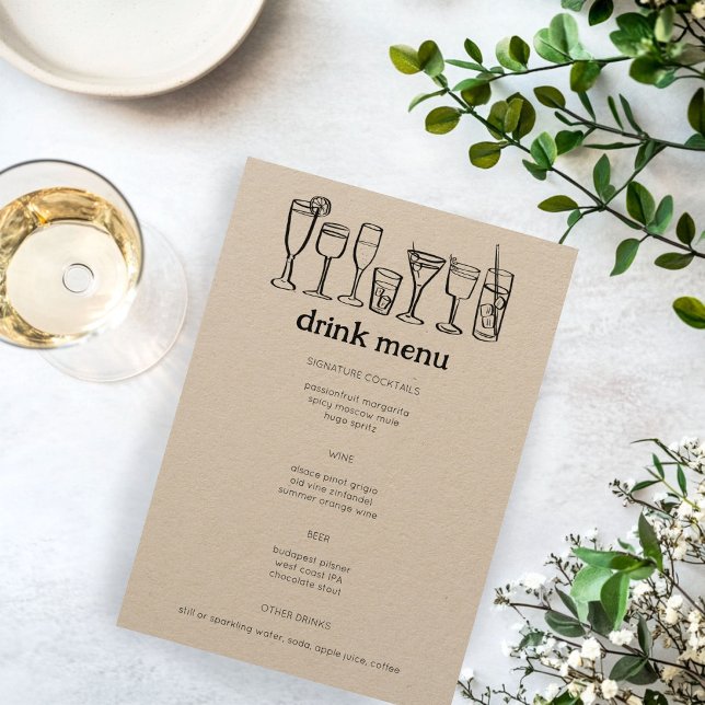 Cocktails Doodle Sketch Modern Rustic ANPASSNINGSB Meny (Cocktails Doodle Sketch Modern Rustic Engagement Wedding Party CUSTOM Drink Menu
)