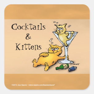 Cocktails & Kittens Guld Tecknad Sticker Fyrkantigt Klistermärke