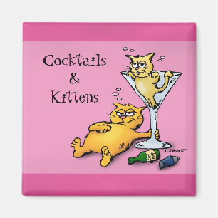 Cocktails & Kittens Rosa Tecknad Magnet