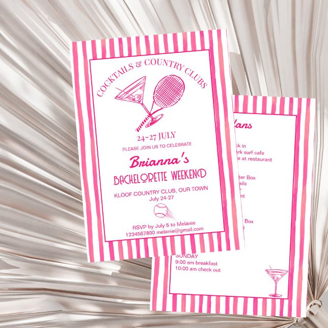 Cocktails och land klubb tennis Bachelorette Inbjudningar (Cocktails and country clubs tennis last swing Bachelorette weekend itinerary Invitation template)