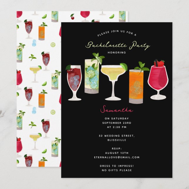 Cocktails Party Drinks Bachelorette Party Inbjudningar (Fram/baksida)