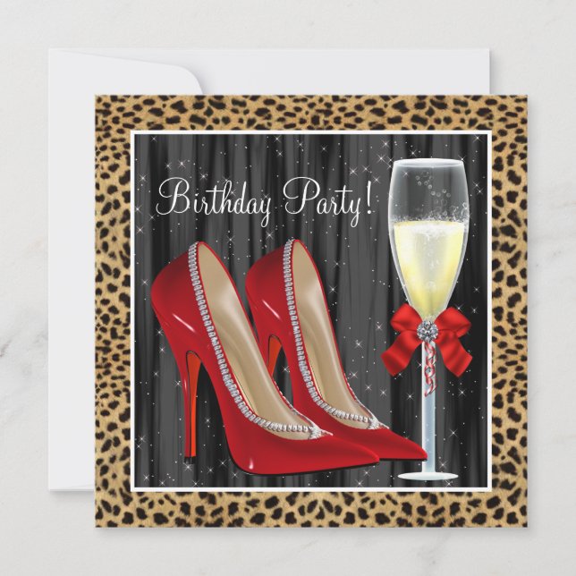 Cocktails Röda Höga Klackar Leopard Födelsedag Inbjudningar (Framsida)