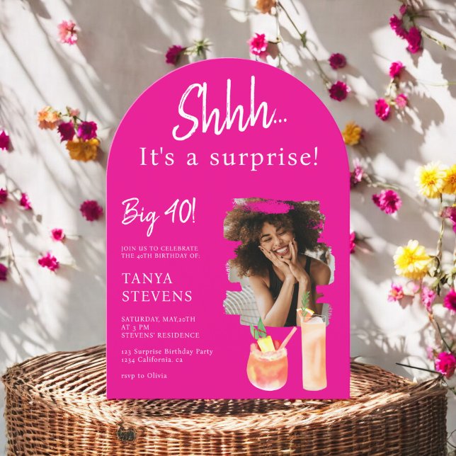 Cocktails rosa-fotoöverraskning 40 födelsedag inbjudningar (Cocktails pink photo surprise forty birthday invitation)