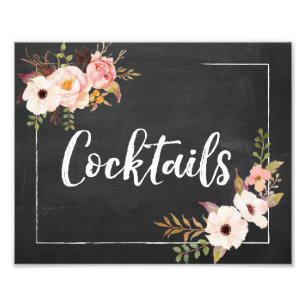Cocktails Rustic Chalkboard Blommigt Bröllop-tecke Fototryck