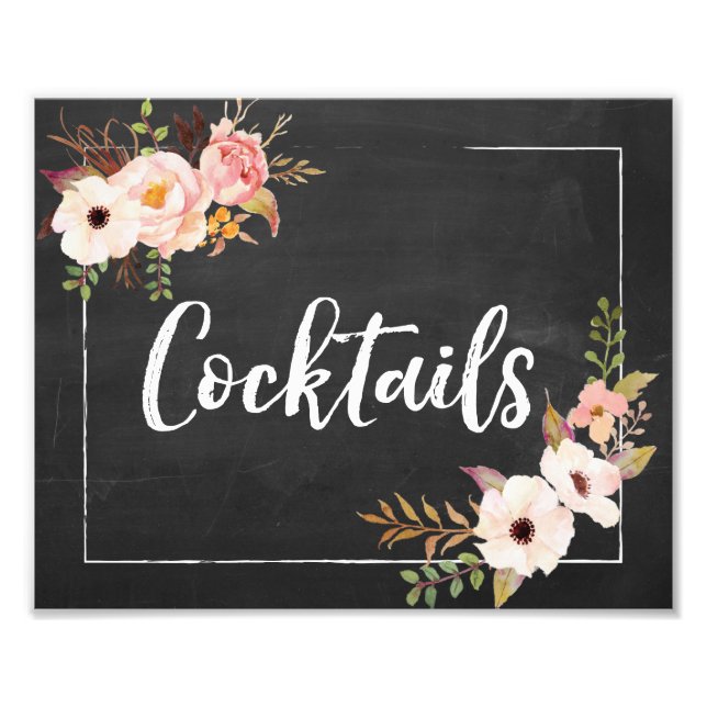 Cocktails Rustic Chalkboard Blommigt Bröllop-tecke Fototryck (Framsidan)