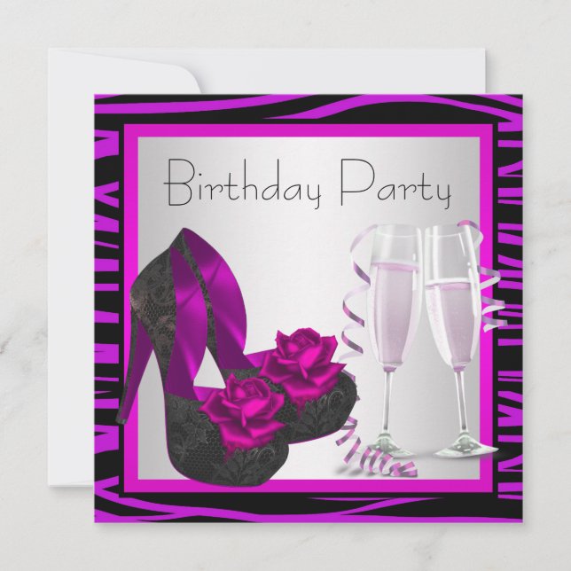 Cocktails Shoes Womans Lila Zebra Födelsedagsfest Inbjudningar (Framsida)
