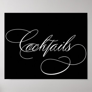 Cocktails Vit skript för Elegant på svart Pub Poster