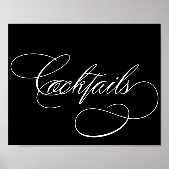 Cocktails | Vit skript för Elegant på svart Pub Poster (Framsidan)