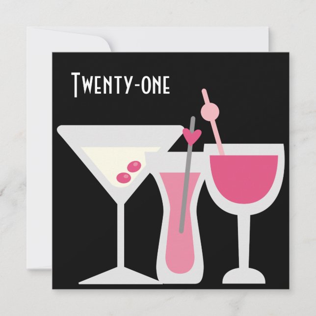 Cocktails Womans Rosa Black 21:a födelsedagen Part Inbjudningar (Framsida)