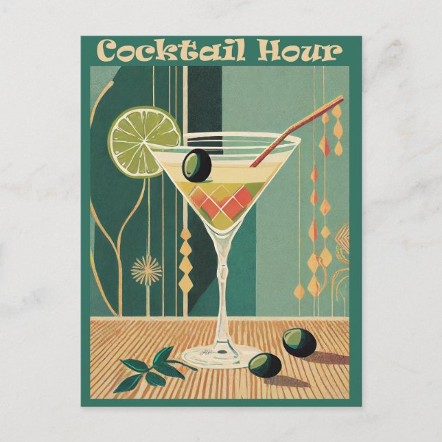 Cocktailtimme Mid Century Modern Martini Vykort (Framsida)