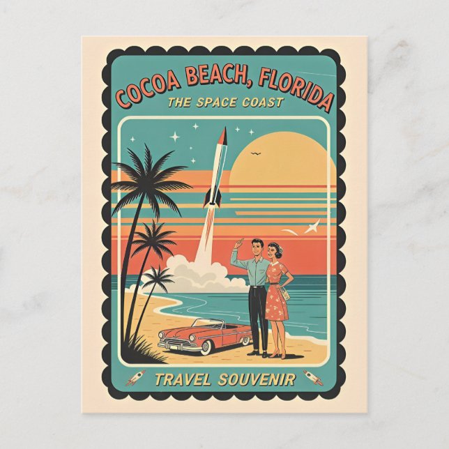 Cocoa Beach FL – Space Coast Retro 1950-talet Vykort (Framsida)