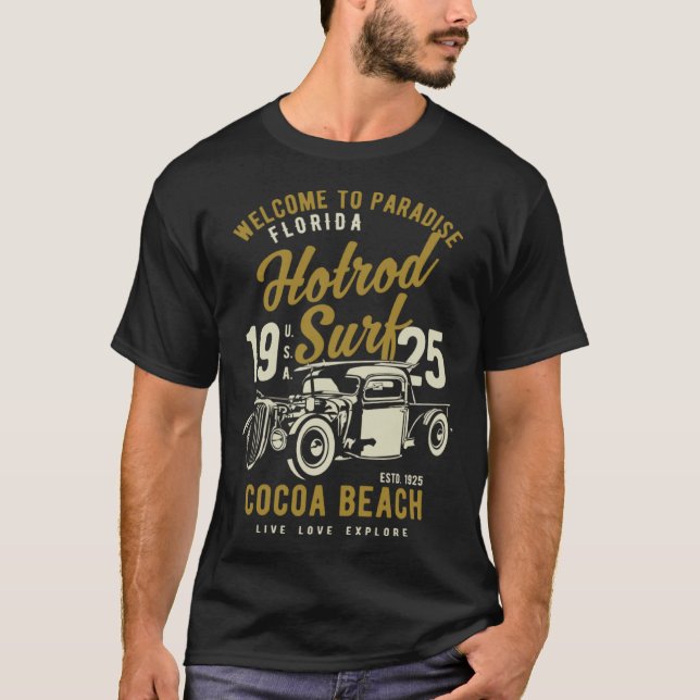 Cocoa Beach Florida Retro Hotrod Surf  10 T Shirt (Framsida)