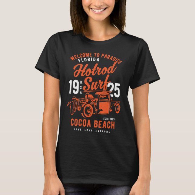 Cocoa Beach Florida Retro Hotrod Surf Distressed   T Shirt (Framsida)