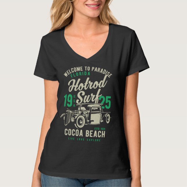 Cocoa Beach Florida Retro Hotrod Surf Distressed   T Shirt (Framsida)
