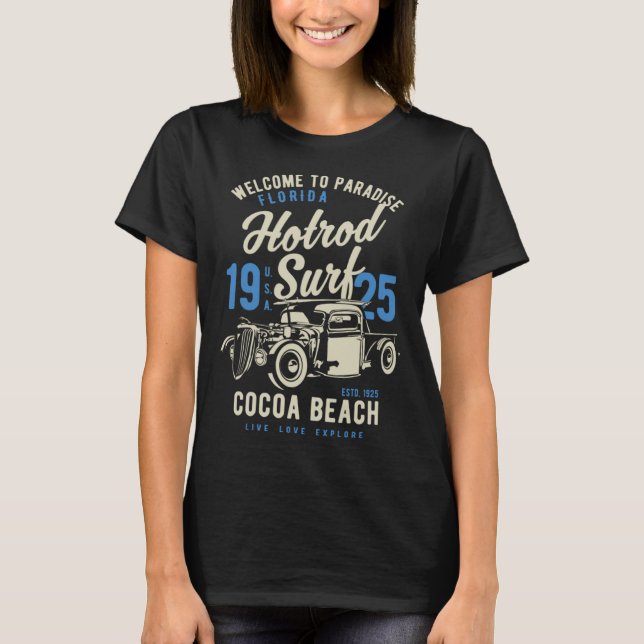 Cocoa Beach Florida Retro Hotrod Surfa 6 T Shirt (Framsida)