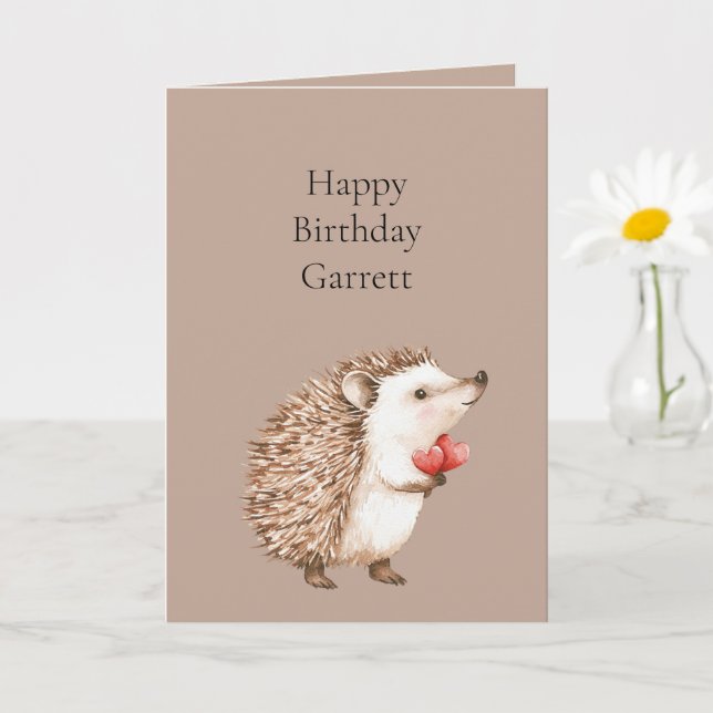 Cocoa Brown Cream Red Hearts Hedgehog Birthday Kort (Liten växt)