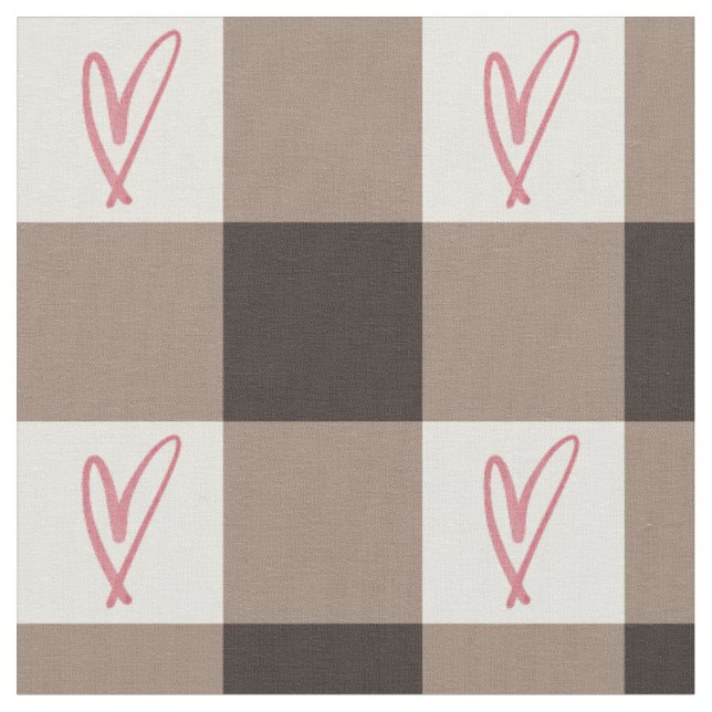 Cocoa Brown Heart Gingham Combed Cotton Fabric Tyg (Närbild)