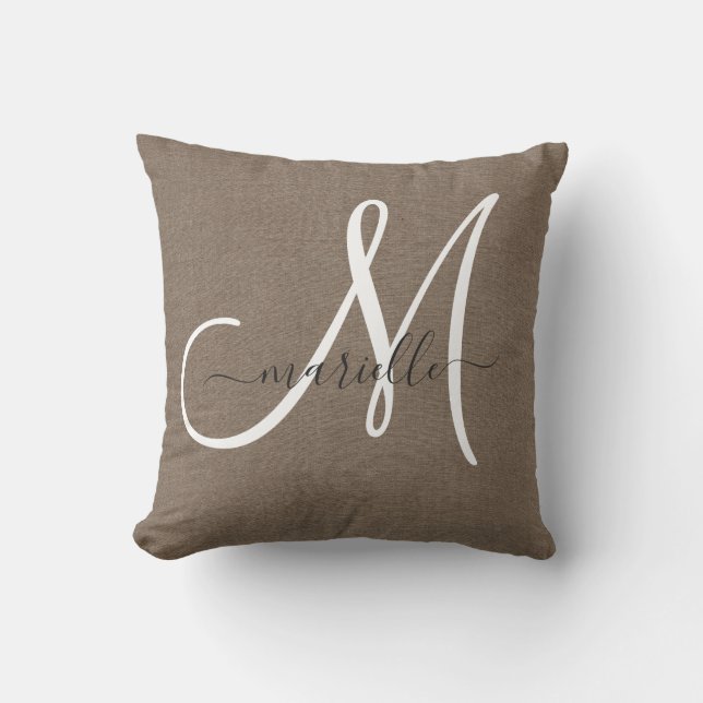Cocoa Brown Linen Monogram Dekorativ kudde (Framsida)