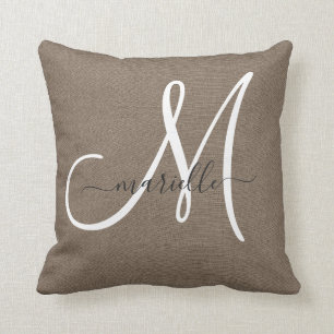 Cocoa Brown Linen Monogram Dekorativ kudde