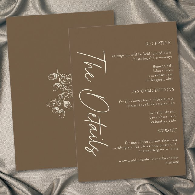 Cocoa Brown Minimalist Leaf Acorn Fall Wedding Tilläggskort (Cocoa Brown Minimalist Leaf Acorn Fall Wedding Enclosure Card)