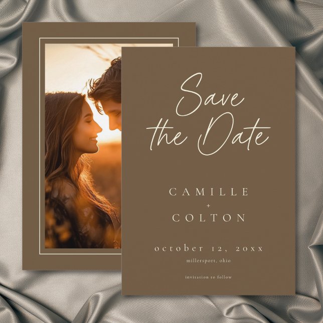 Cocoa Brown Minimalist Wedding Photo Spara Datumet (Cocoa Brown Minimalist Wedding Photo Save The Date)