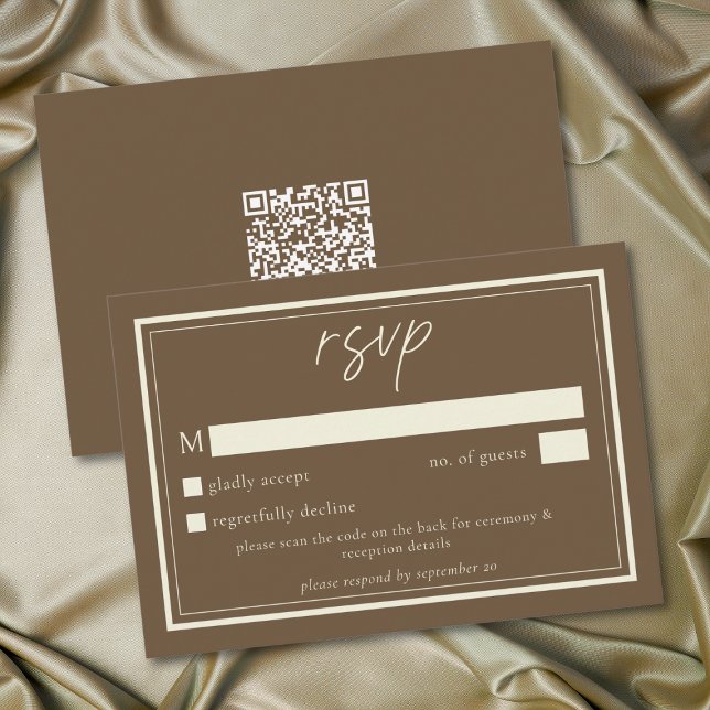 Cocoa Brown Minimalistisk Ram Bröllops QR-kod OSA Kort (Cocoa Brown Minimalist Frame Wedding QR Code RSVP Card)