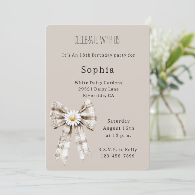 Cocoa Cream White Bow Daisy Flower Birthday Inbjudningar (Stående Fram)