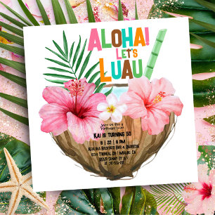 Coconut Cocktail Luau Birthday Tropical Hawaiian Inbjudningar