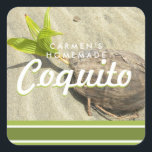 Coconut Coquito Fyrkantigt Klistermärke<br><div class="desc">Personlig Coquito-design,  där ett foto av kokosnöt och handflatan träd växer från kokosnöt,  i grönt,  brunt och vitt.</div>