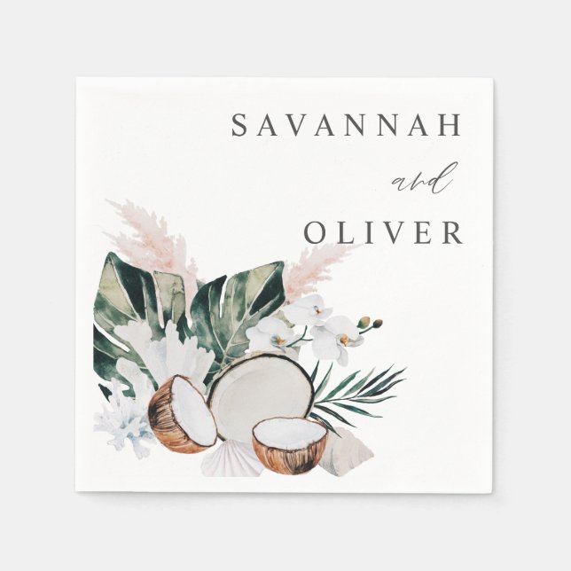 Coconut Coral & White Blommigt Namn Napkins Pappersservett (Framsidan)