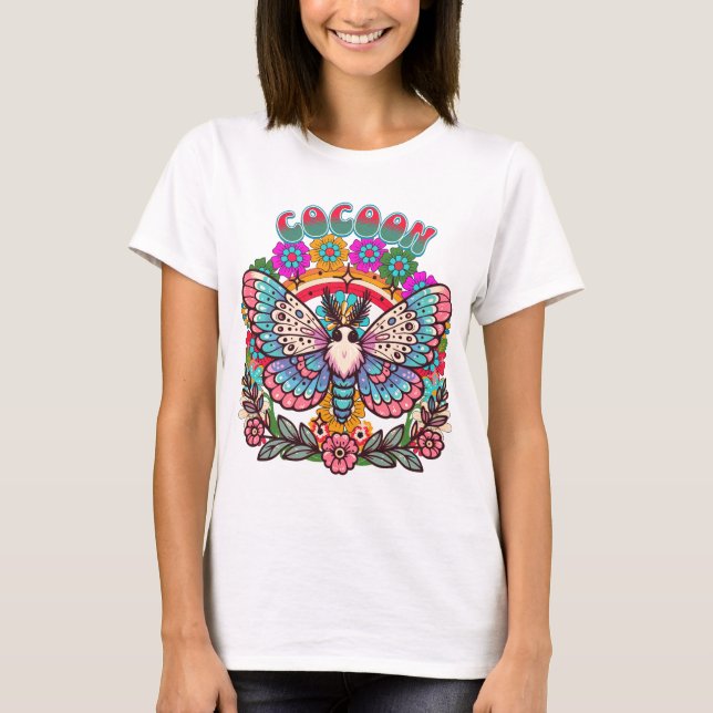 Cocoon Boho Moth Blommig Regnbåge T Shirt (Framsida)