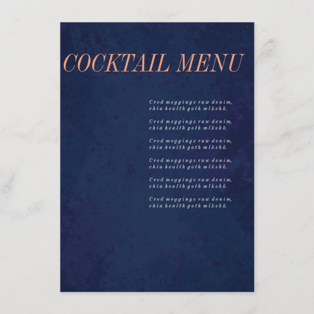 Coctailmeny, drinkmeny, marinblå meny (Framsida)