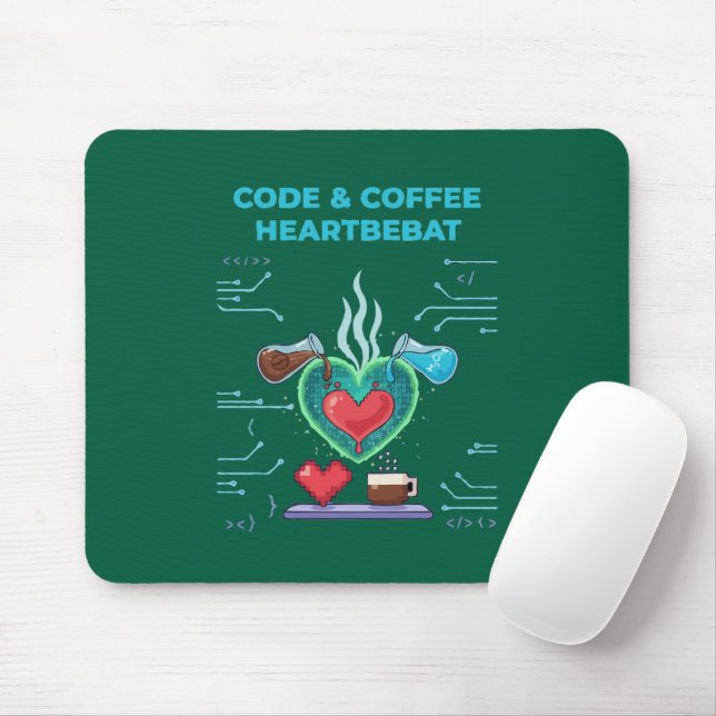 Code & Coffee Heartbeat | Rolig nörd Programmerare Musmatta (Med mus)