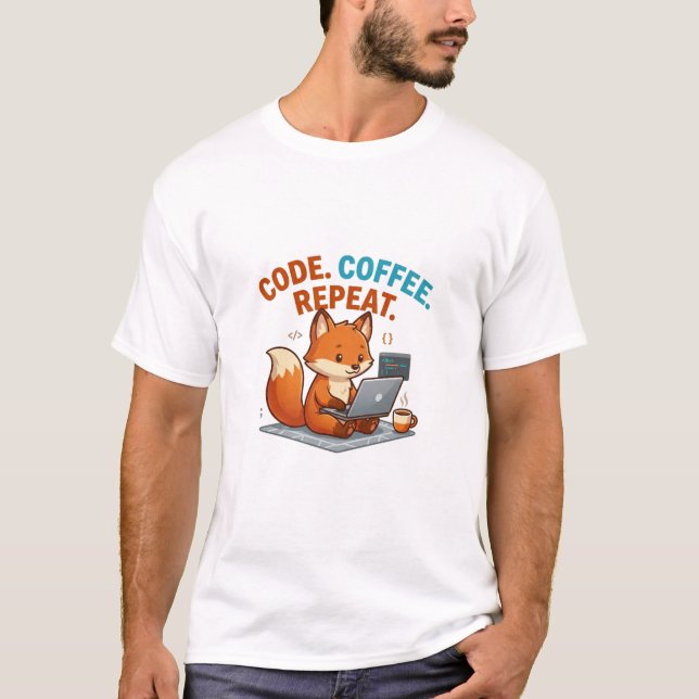  Code Coffee Repeat T-Shirt | Söt Räv Programmerar (Framsida)