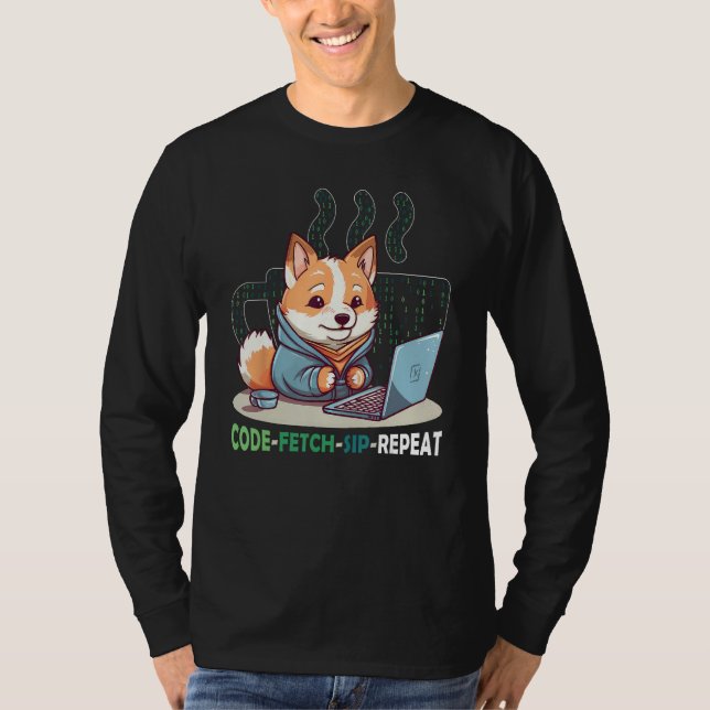 Code Fetch Sip Repeat Coffee Binary Shiba Inu Prog T Shirt (Framsida)