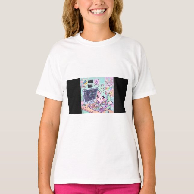 Code & Purr Söt Programmerare Katt T-Shirt | Kawai (Framsida)