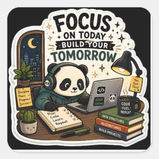 Coding Panda-klistermärke | Fokusera på idag, bygg Fyrkantigt Klistermärke