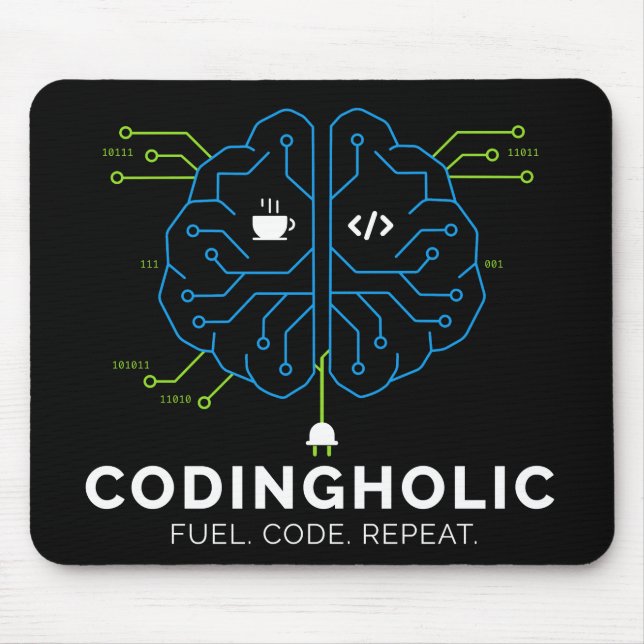 Codingholic Tech Brain För Utvecklare Mörk Musmatta (Framsidan)