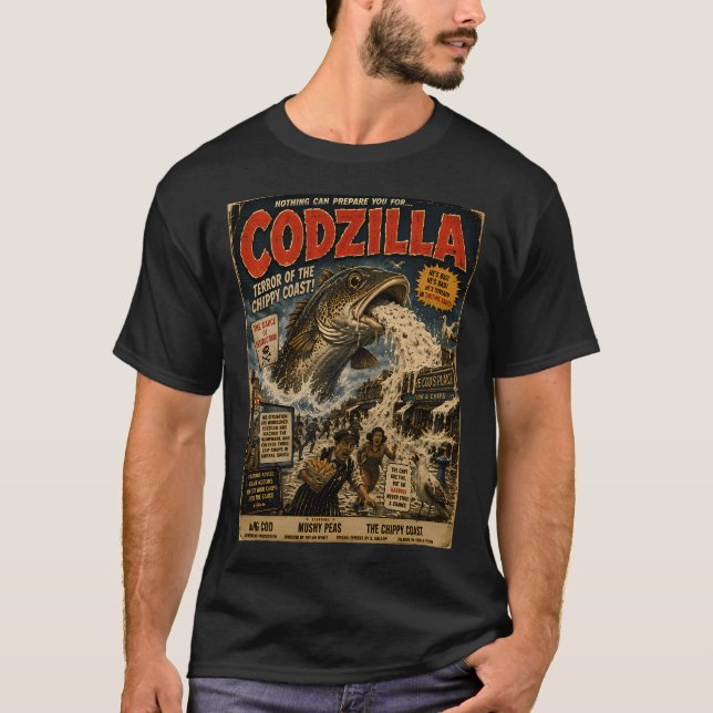 Codzilla Skräck För Chippy Kusten Rolig Fisk Och T Shirt (Framsida)