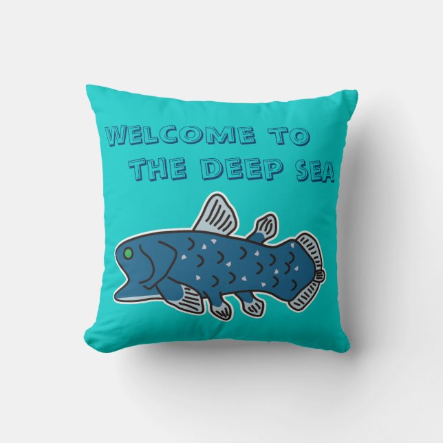 Coelacanth kudder "VÄLKOMNANDE TILL det DJUPA Kudde (Framsida)